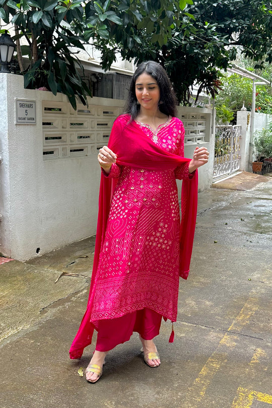 Rani Pink Muslin Silk A-Line Embroidered Kurti Set with Dupatta