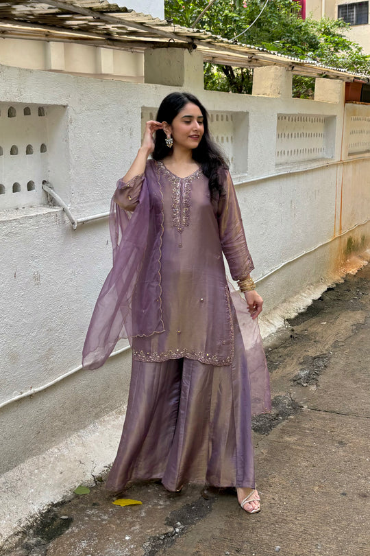 Lavender Tissue Organza Kali Palazzo 3-Piece Dupatta Set with Hand Embroidery