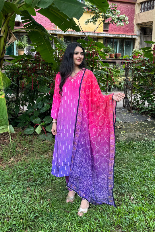 Purple to Pink Ombre Crepe 3-Piece Dupatta Set with Organza Dupatta
