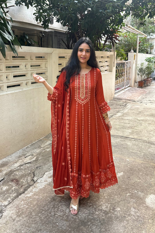 Chinon Full-Length Embroidered Anarkali Suit in Rust with Pants & Dupatta