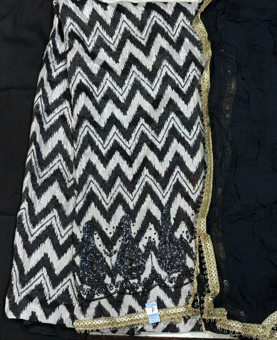 Gunmetal & White Shimmer Muslin Unstitched Dress Material with Cutdana Work & Chiffon Dupatta