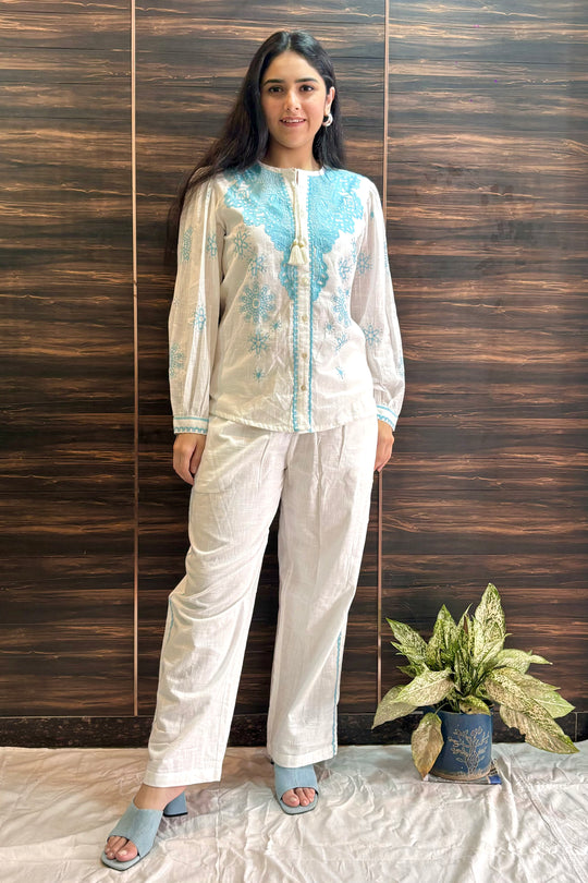 White Cotton Co ord Set with Sky Blue Embroidery (Top + Pants)