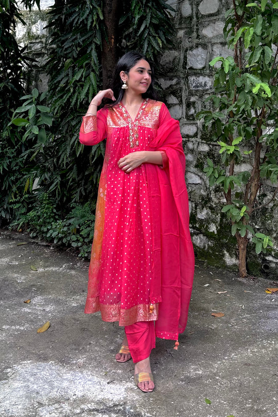 Red Banarsi Organza A line Suit with Pants and Dupatta