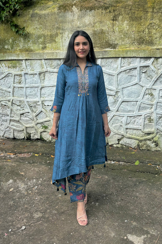 Asymmetric Embroidered Kurti Set with Floral Print Pants