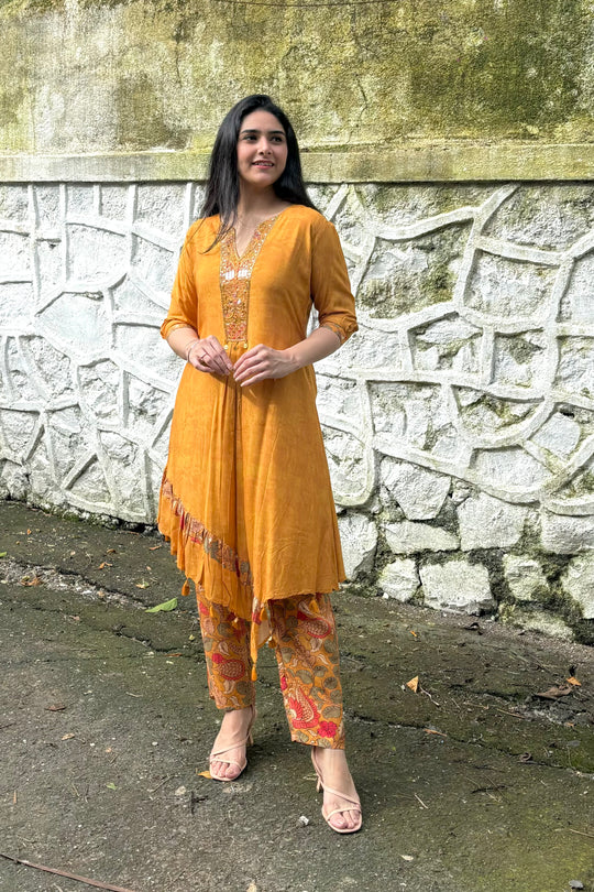 Assymetric Embroidered Kurti Set with Floral Print Pants - Yellow