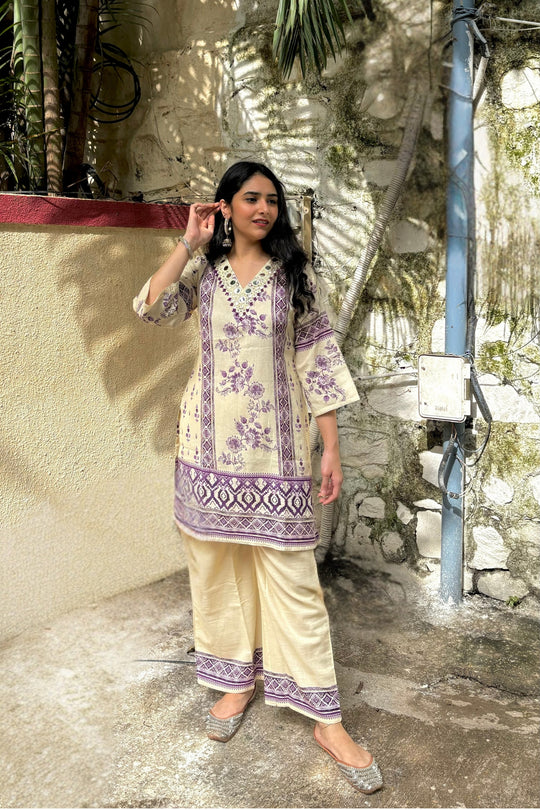 Cotton Floral Print Kurti Palazzo Co ord with Mirror Work - Beige and Purple