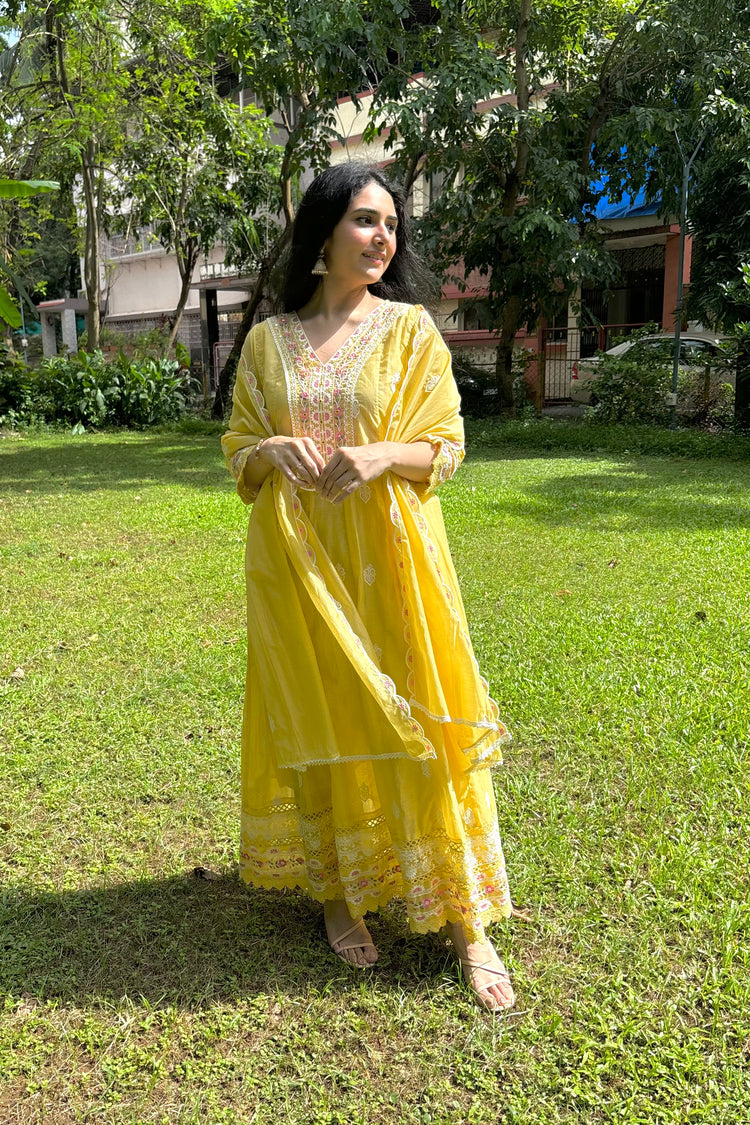 Pastel Yellow Mul Chanderi Floor Length Anarkali Set with Dupatta