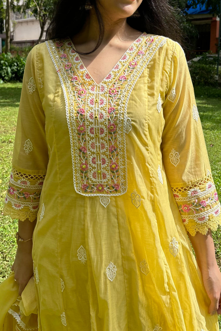 Pastel Yellow Mul Chanderi Floor Length Anarkali Set with Dupatta