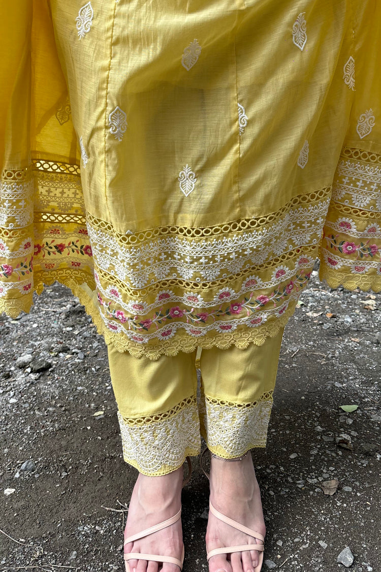 Pastel Yellow Mul Chanderi Floor Length Anarkali Set with Dupatta