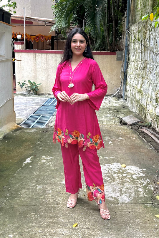 Pink Muslin Co-ord Set with Applique Work & Embroidered Details