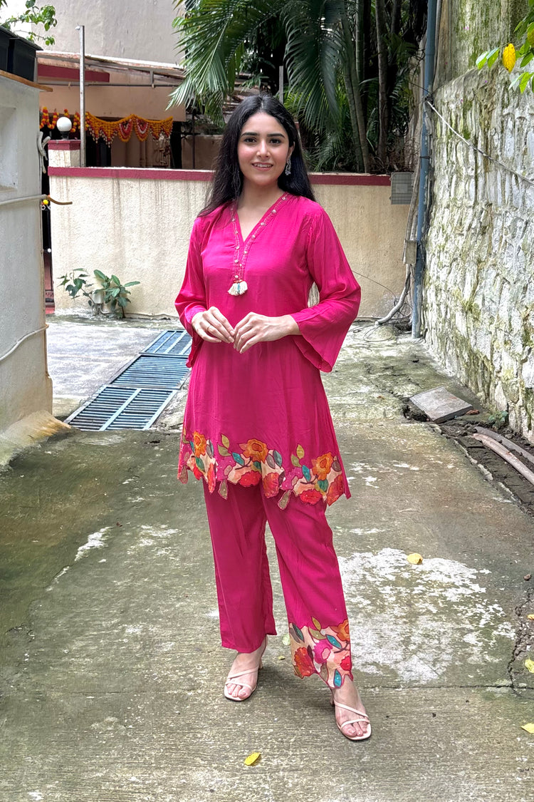 Pink Muslin Co-ord Set with Applique Work & Embroidered Details