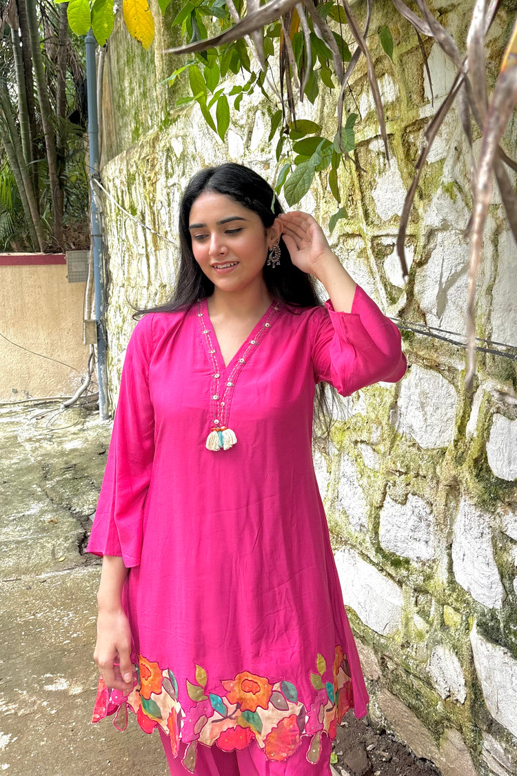 Pink Muslin Co-ord Set with Applique Work & Embroidered Details