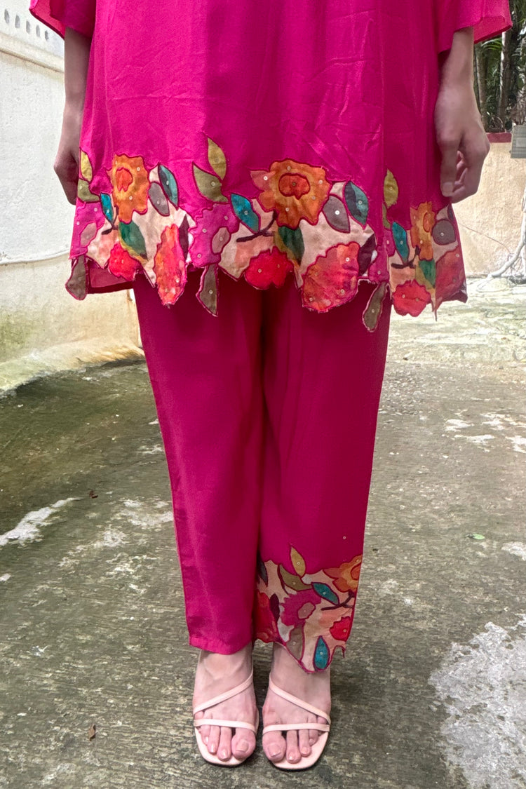 Pink Muslin Co-ord Set with Applique Work & Embroidered Details