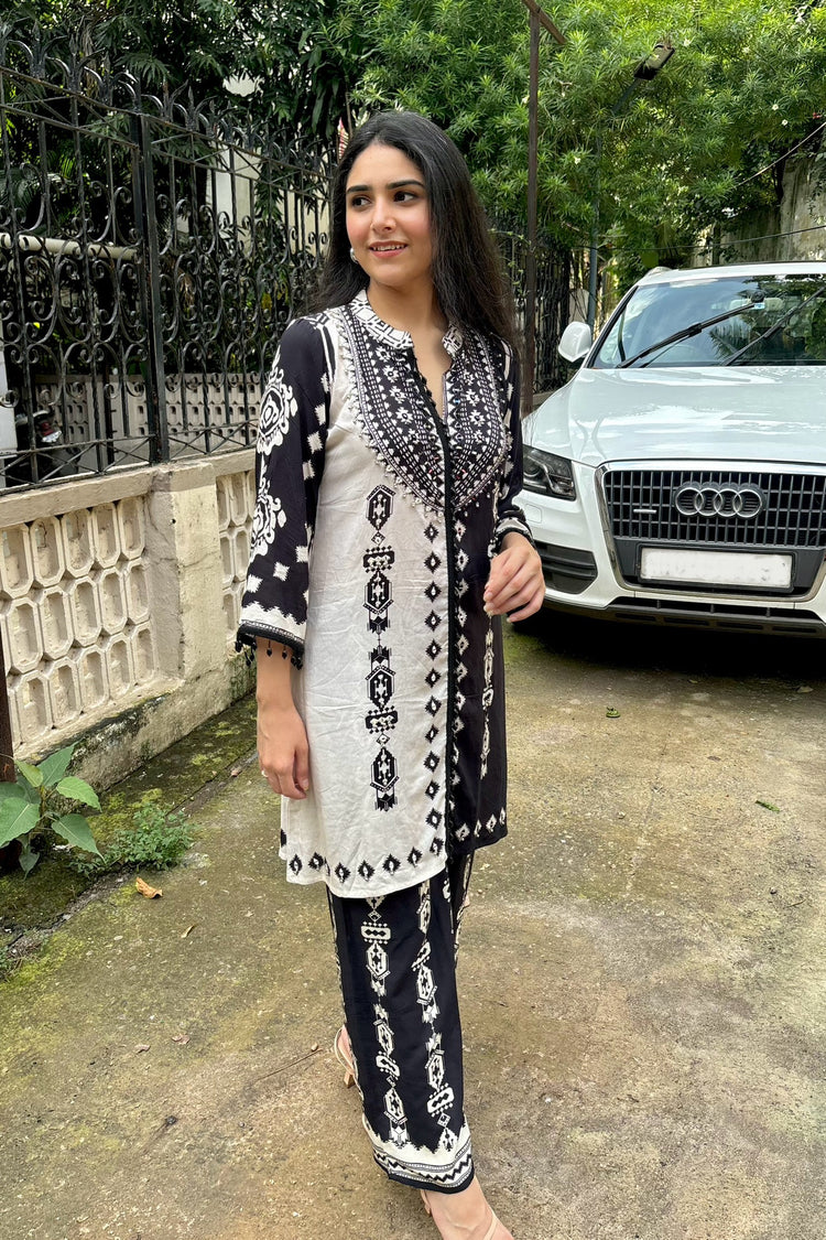 Black & White Rayon Cotton Geometric Print Co-Ord Set with Mirror Work