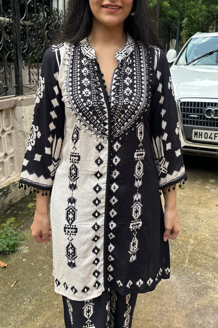 Black & White Rayon Cotton Geometric Print Co-Ord Set with Mirror Work