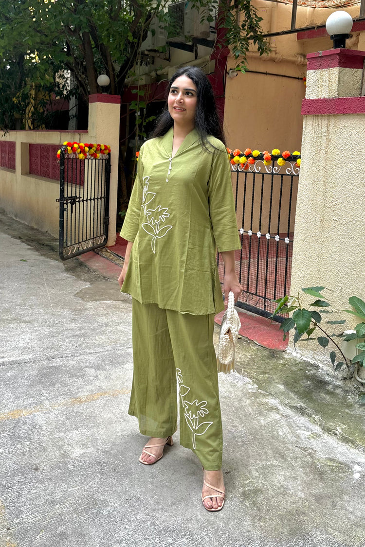 Pastel Parrot Green Cotton Co-Ord Set with Dori Work Embroidery