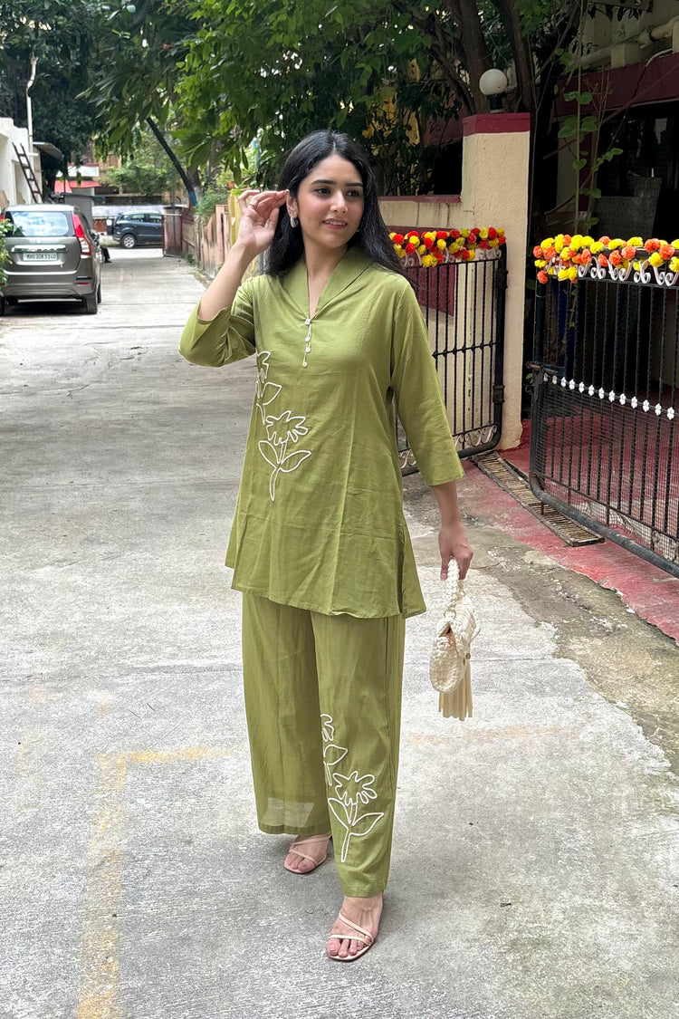 Pastel Parrot Green Cotton Co-Ord Set with Dori Work Embroidery