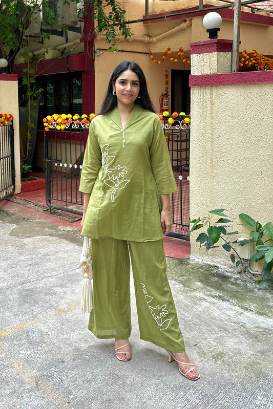 Pastel Parrot Green Cotton Co-Ord Set with Dori Work Embroidery