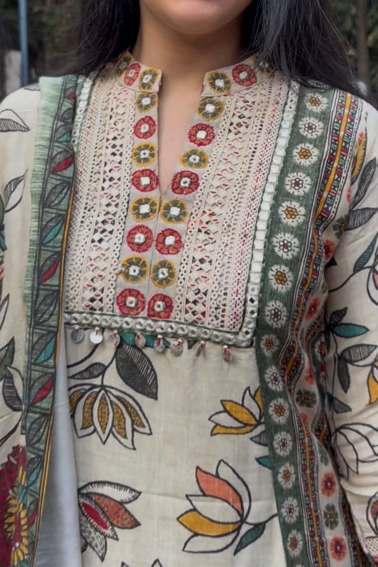 Muslin Silk A-Line Dupatta Set with Lotus Print