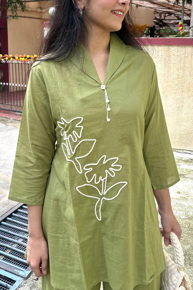 Pastel Parrot Green Cotton Co-Ord Set with Dori Work Embroidery