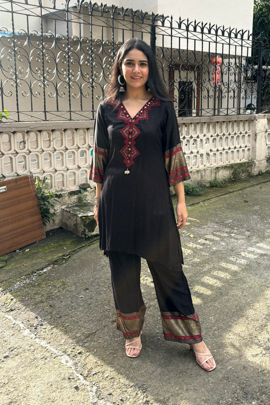 Black Gajji Silk Co ord Set with Red Embroidery & Mirror Work