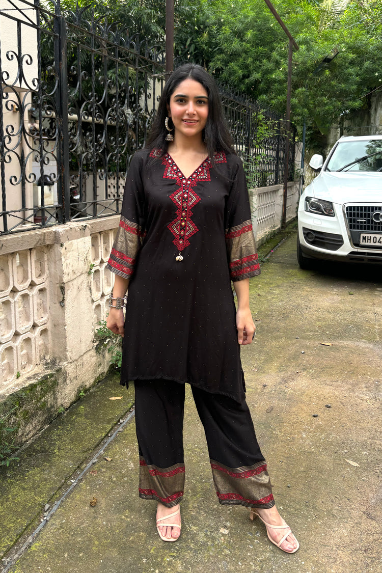 Black Gajji Silk Co ord Set with Red Embroidery & Mirror Work