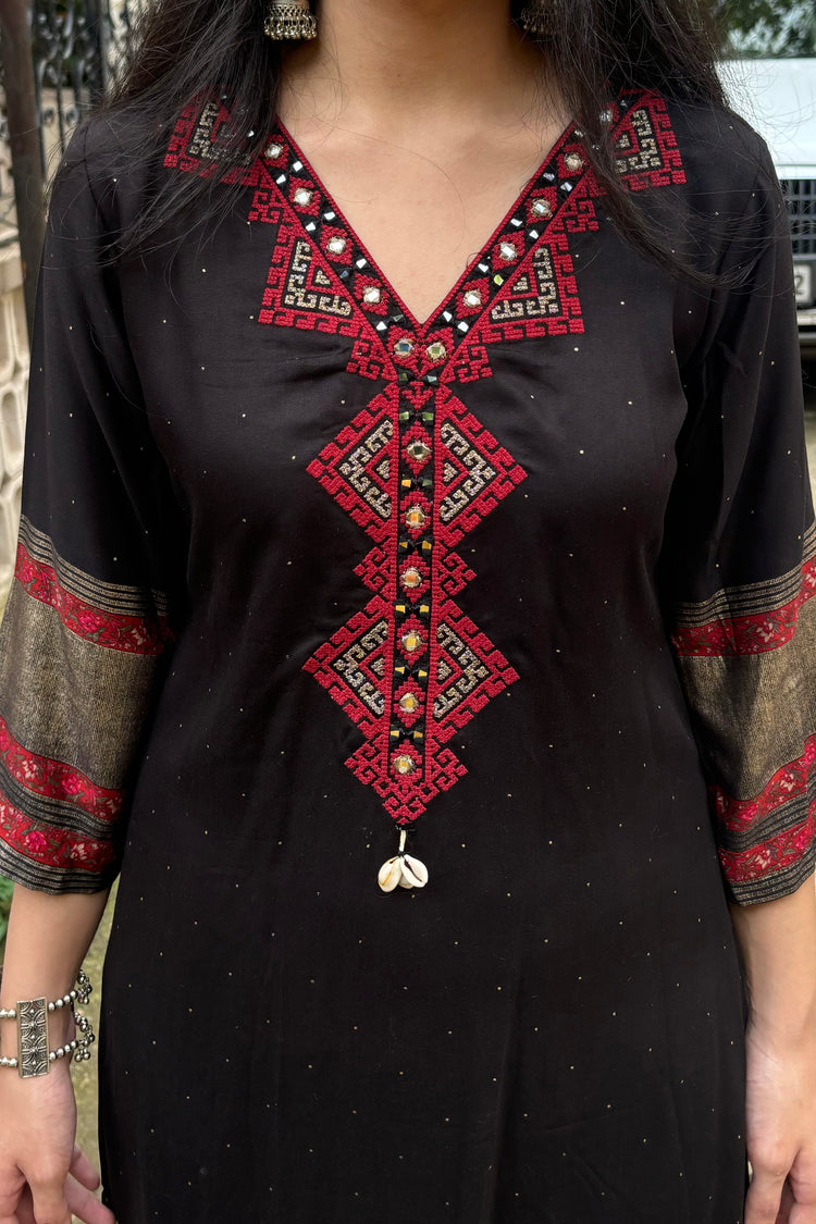 Black Gajji Silk Co ord Set with Red Embroidery & Mirror Work