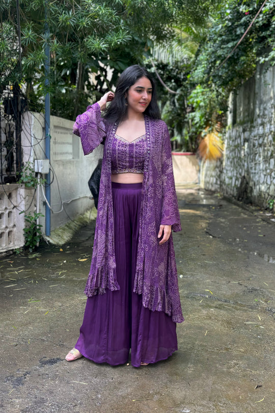 Bandhani Printed Purple Indo-Western Set with Cape Jacket