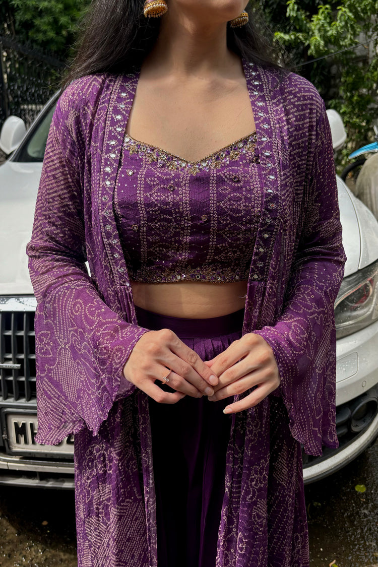 Bandhani Printed Purple Indo-Western Set with Cape Jacket