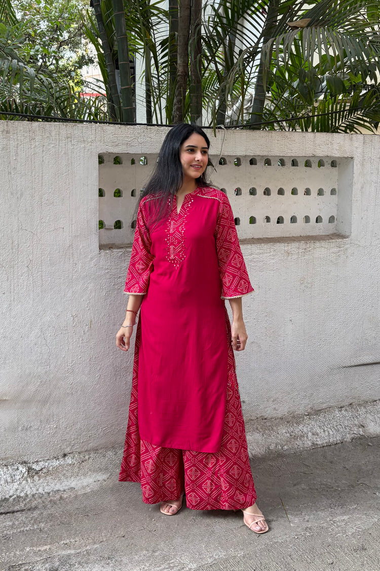Rayon Cotton Kurti with Bandhani Palazzo Set
