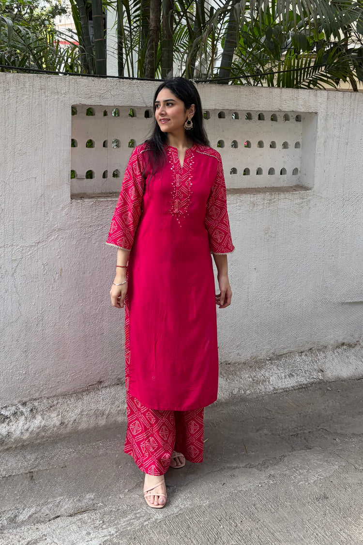 Rayon Cotton Kurti with Bandhani Palazzo Set
