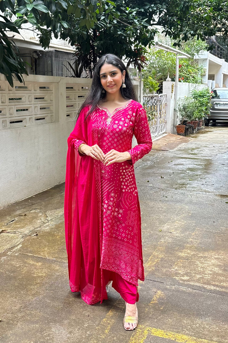 Rani Pink Muslin Silk A-Line Embroidered Kurti Set with  Dupatta