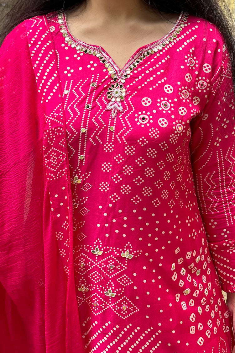 Rani Pink Muslin Silk A-Line Embroidered Kurti Set with  Dupatta