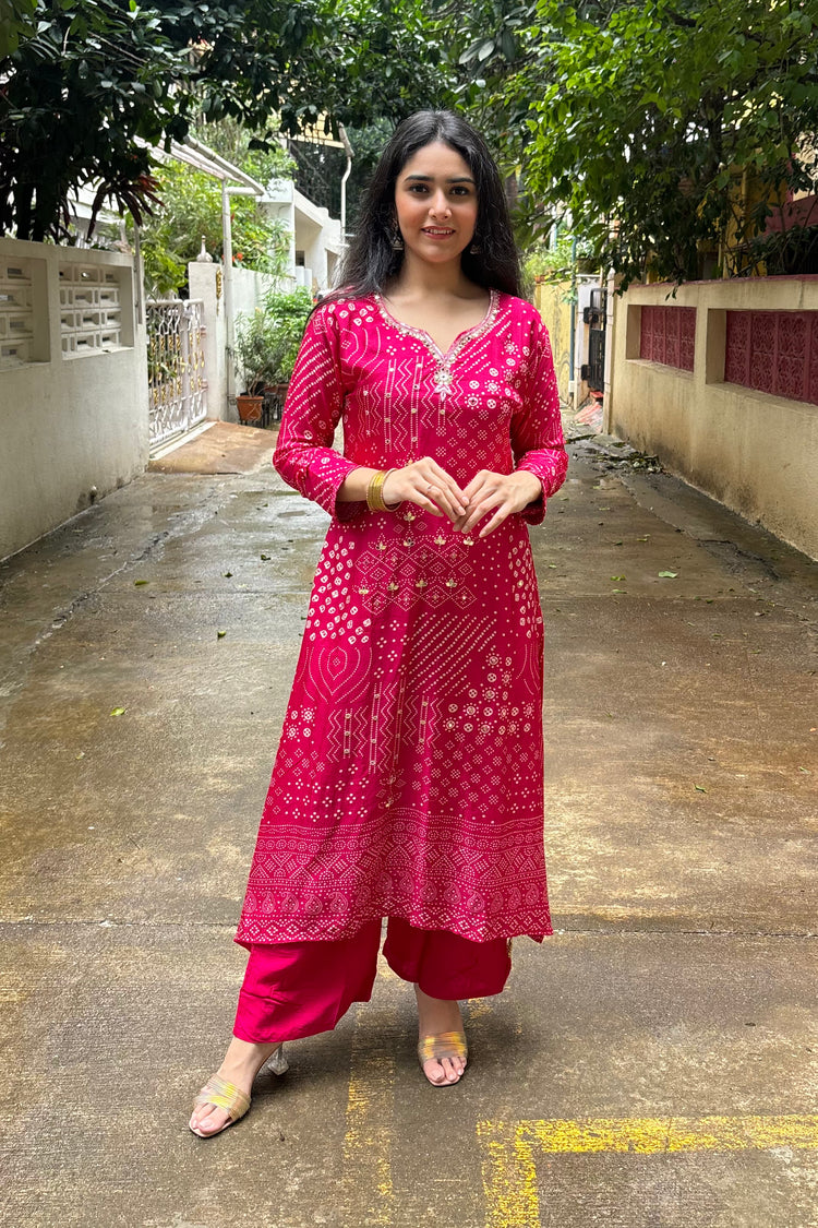 Rani Pink Muslin Silk A-Line Embroidered Kurti Set with  Dupatta