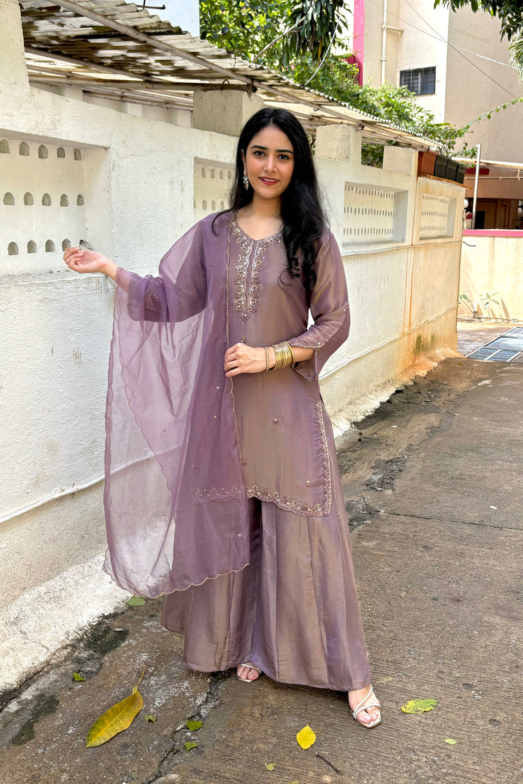 Lavender Tissue Organza Kali Palazzo Dupatta Set