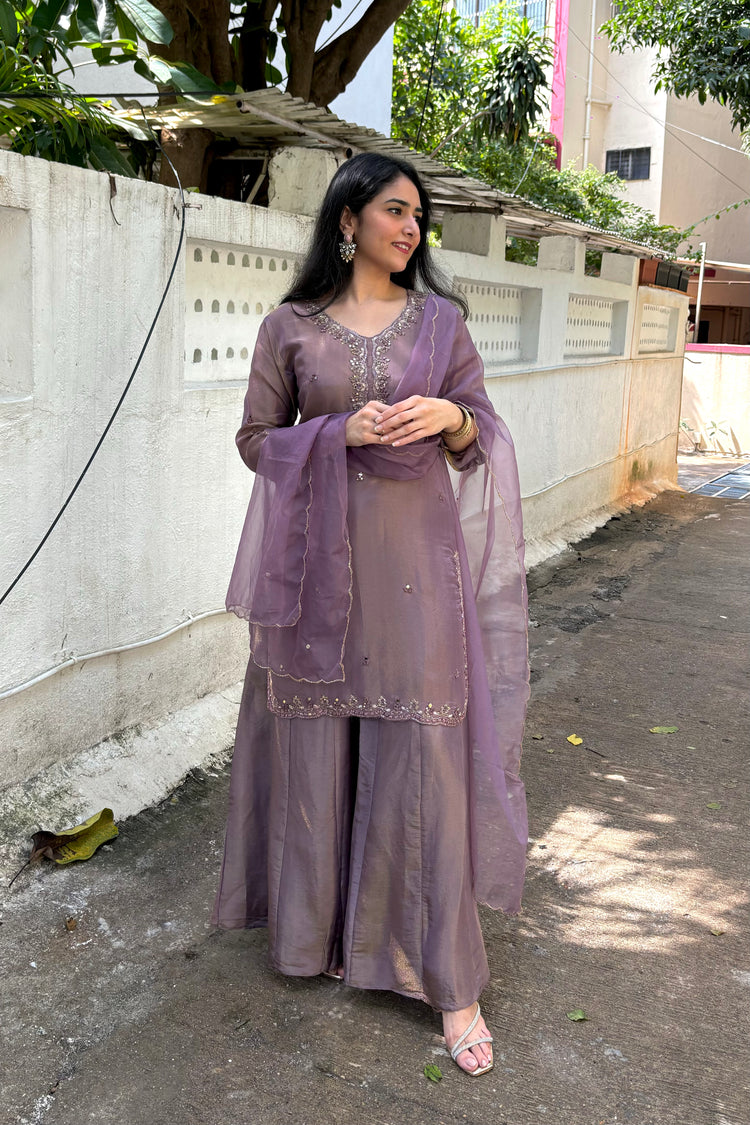 Lavender Tissue Organza Kali Palazzo Dupatta Set