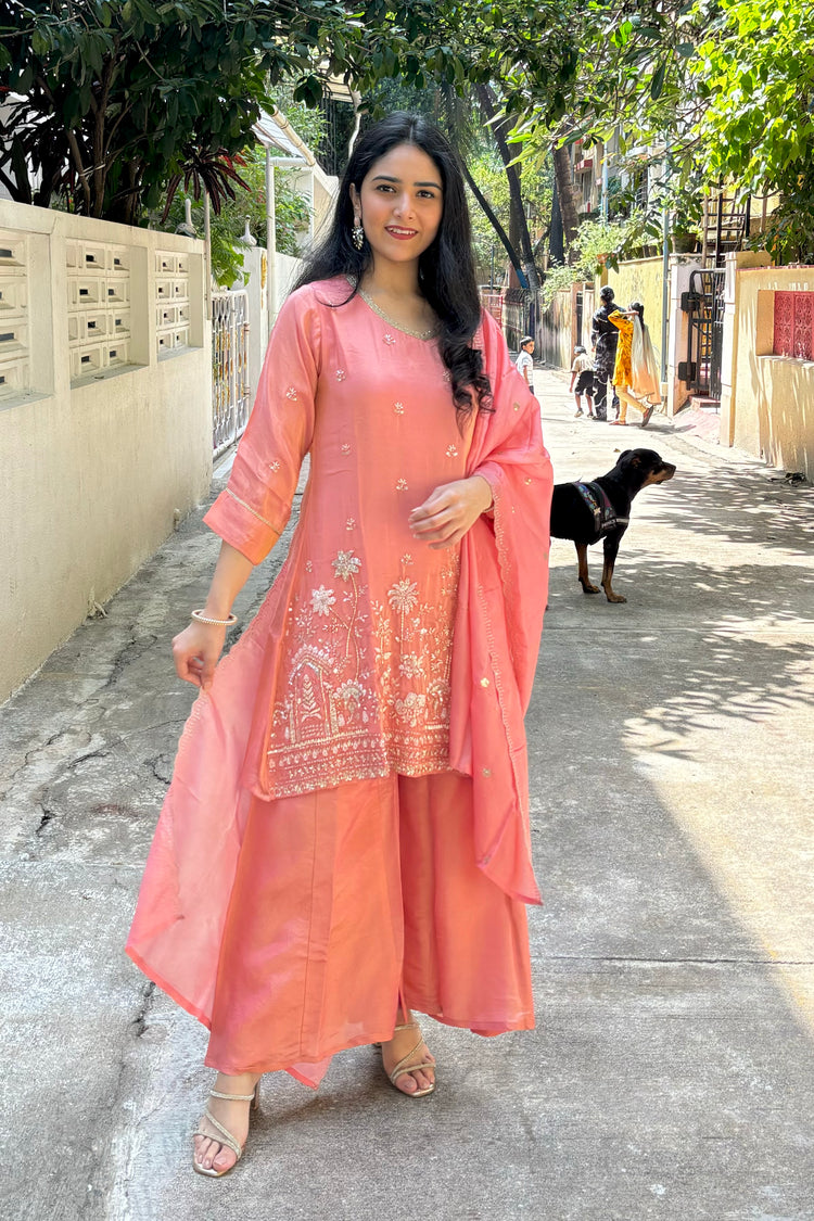 Peach Tissue Organza 3-Piece Dupatta Set with Heavy Embroidery