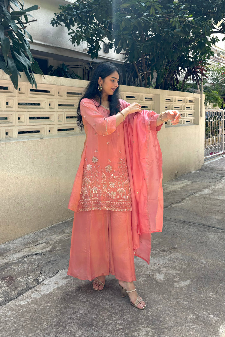 Peach Tissue Organza 3-Piece Dupatta Set with Heavy Embroidery