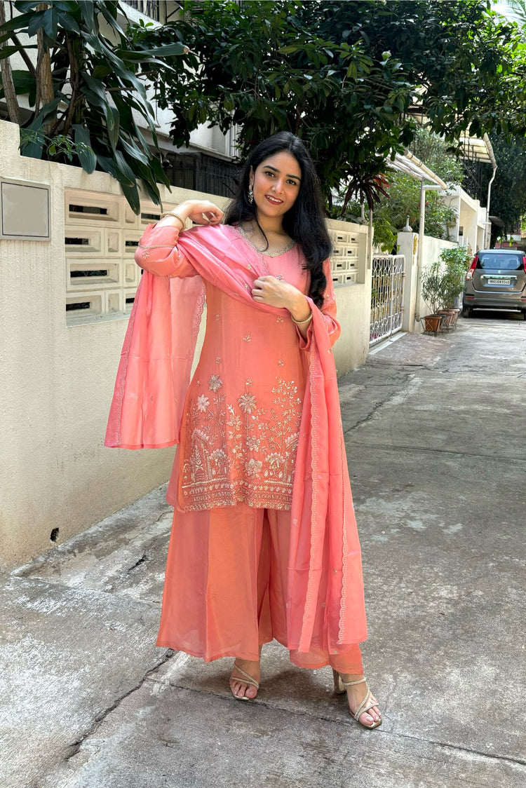 Peach Tissue Organza 3-Piece Dupatta Set with Heavy Embroidery