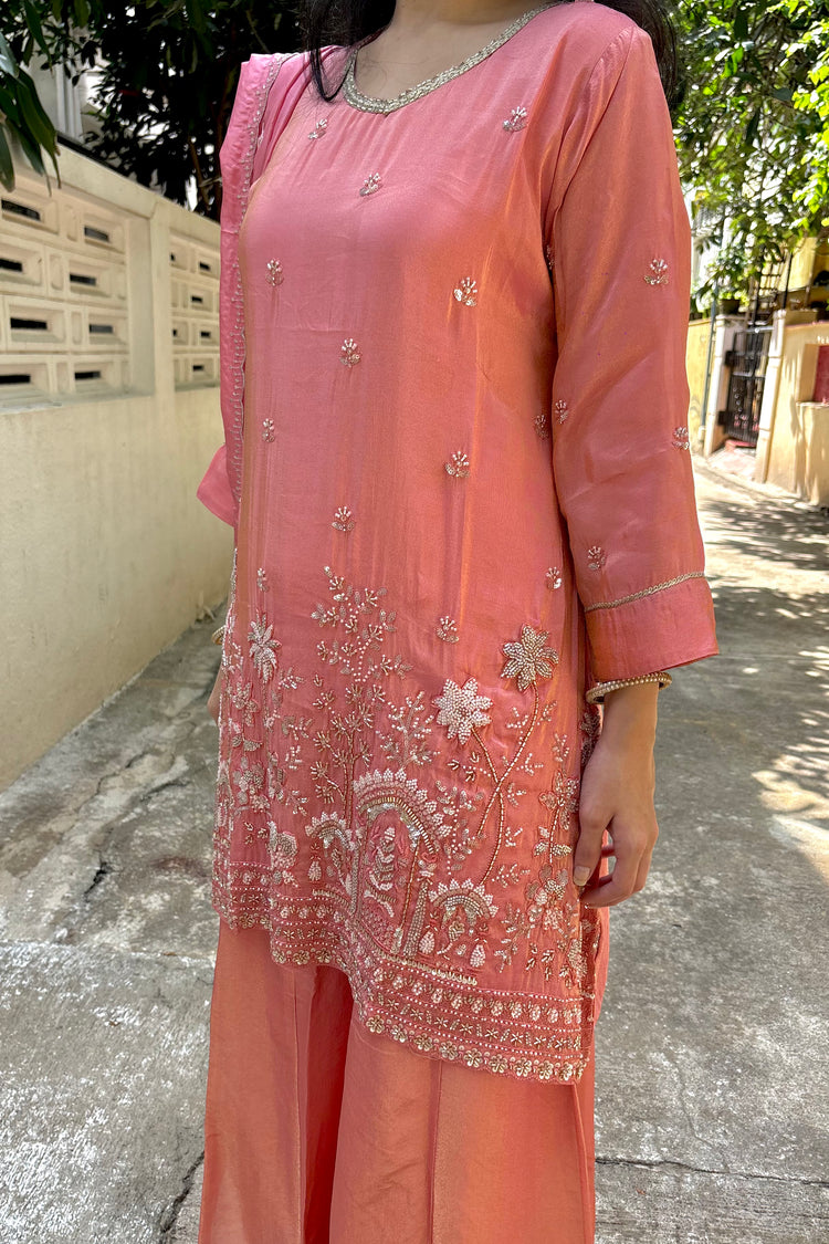 Peach Tissue Organza 3-Piece Dupatta Set with Heavy Embroidery