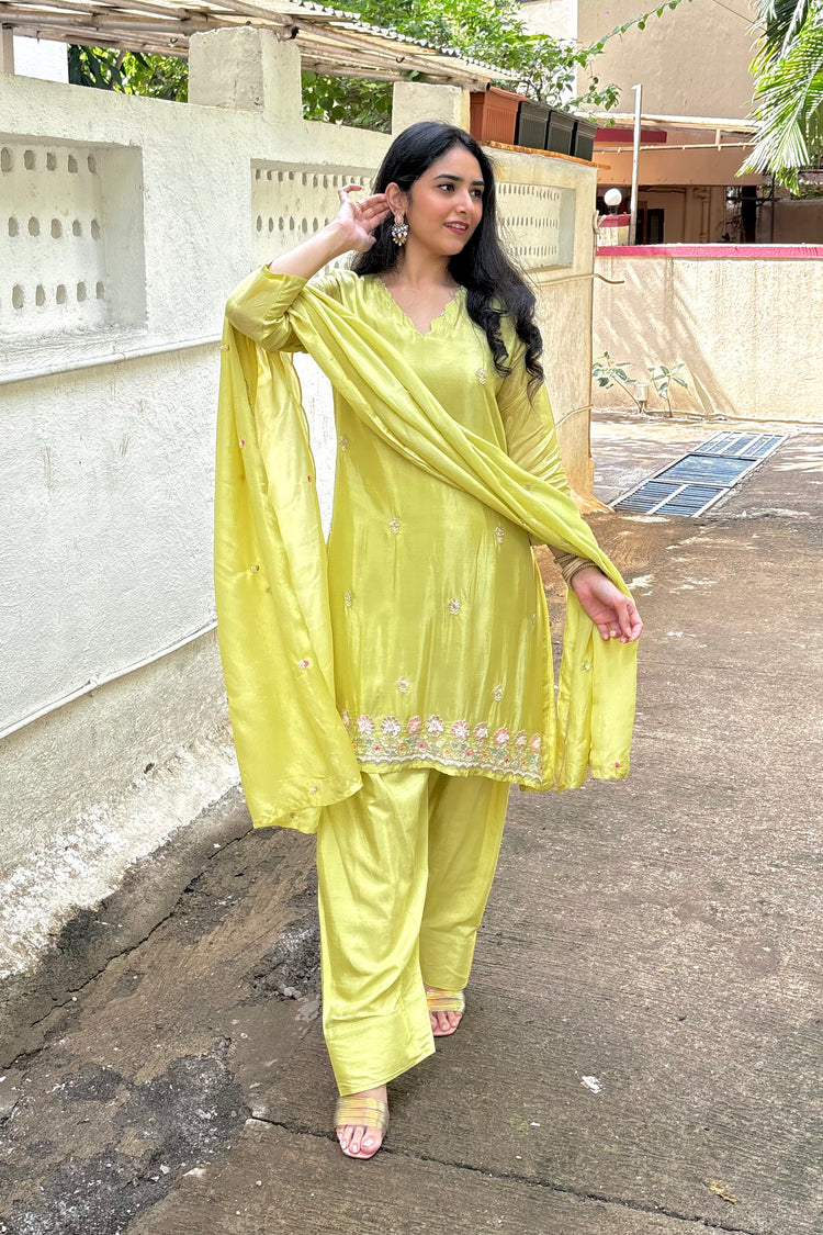 Lime Green Muslin 3-Piece Dupatta Set with Farshi Salwar & Embroidery