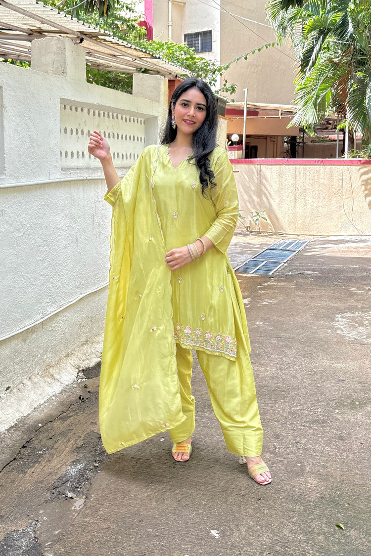 Lime Green Muslin 3-Piece Dupatta Set with Farshi Salwar & Embroidery