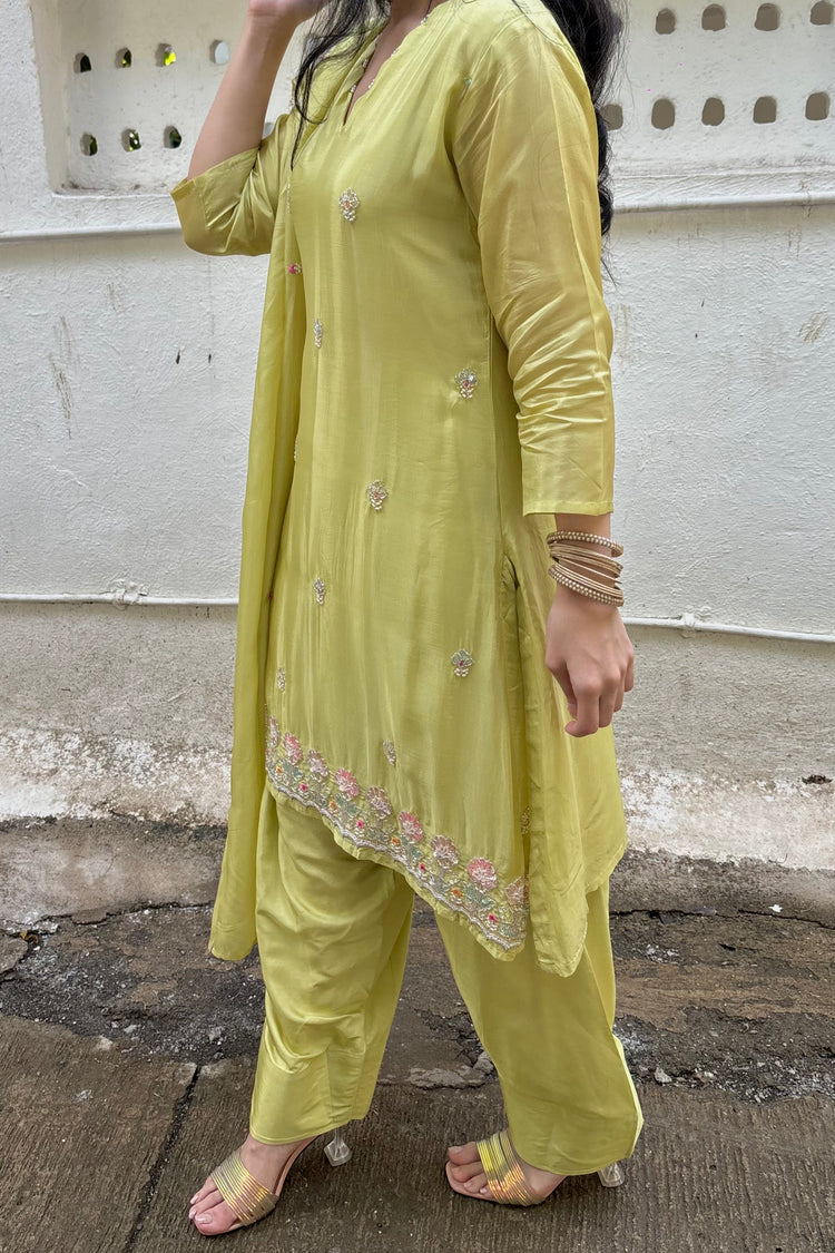 Lime Green Muslin 3-Piece Dupatta Set with Farshi Salwar & Embroidery