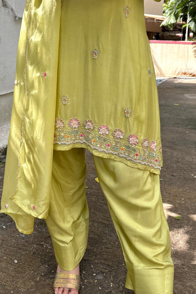 Lime Green Muslin 3-Piece Dupatta Set with Farshi Salwar & Embroidery