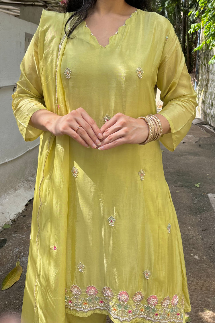 Lime Green Muslin 3-Piece Dupatta Set with Farshi Salwar & Embroidery
