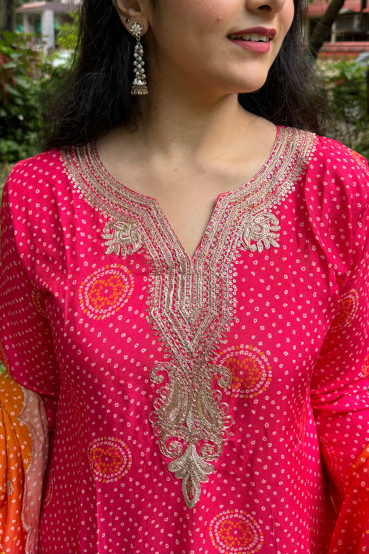 3 Pc Bandhani Dupatta Set – Pink Muslin Kurti with Pants & Dupatta