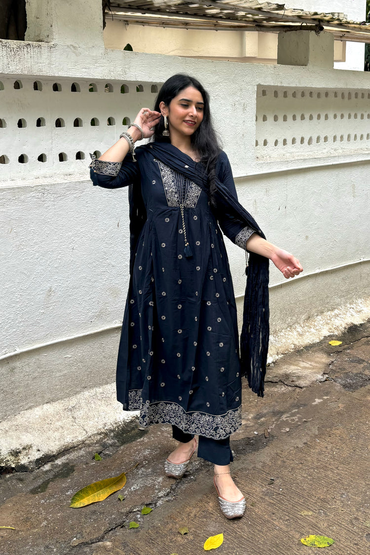 Navy Blue Pure Cotton 3-Piece A-Line Kurti Set with Crush Cotton Dupatta