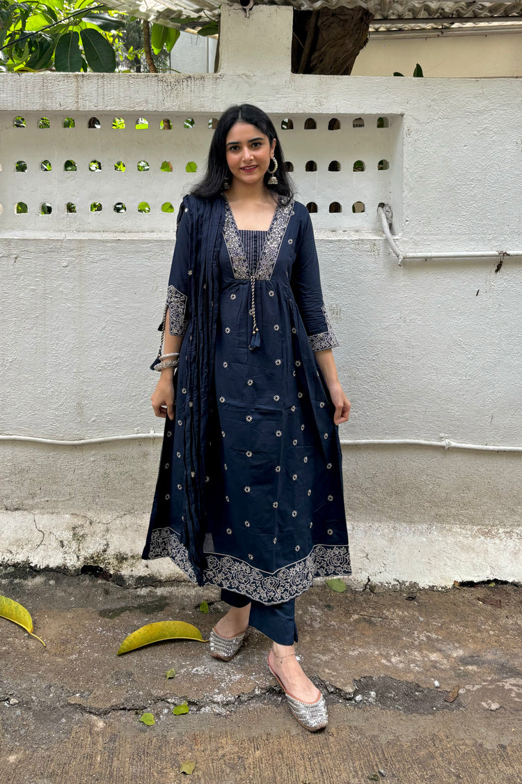 Navy Blue Pure Cotton 3-Piece A-Line Kurti Set with Crush Cotton Dupatta