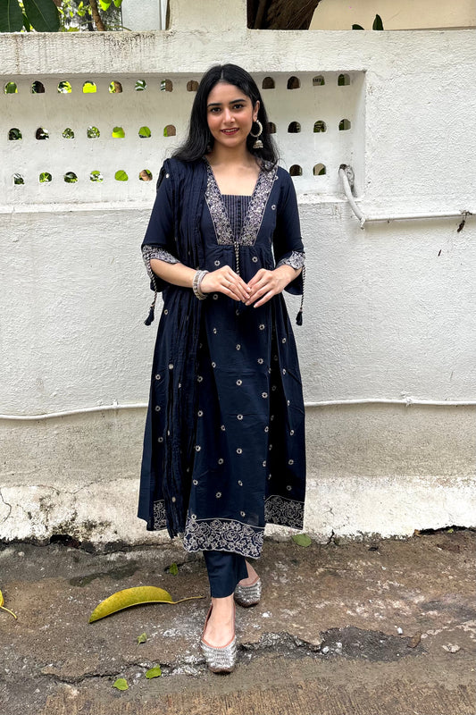 Navy Blue Pure Cotton 3-Piece A-Line Kurti Set with Crush Cotton Dupatta