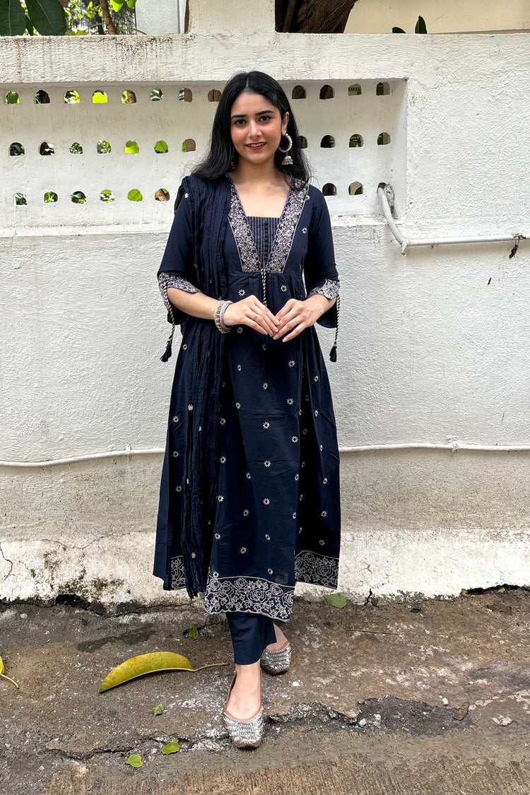 Navy Blue Pure Cotton 3-Piece A-Line Kurti Set with Crush Cotton Dupatta